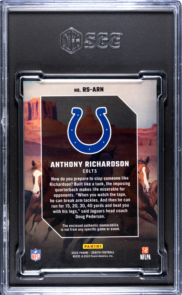 2023 Panini Zenith Anthony Richardson Rookie Stallions Material # /50 SGC 9 POP 1